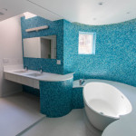 Blue tiled bathroom for children, Foxlin Architects