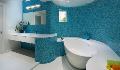 Blue tiles kids bathroom with white bath tub and sink, Orange County best architects, Foxlin Architects, architects in southern california